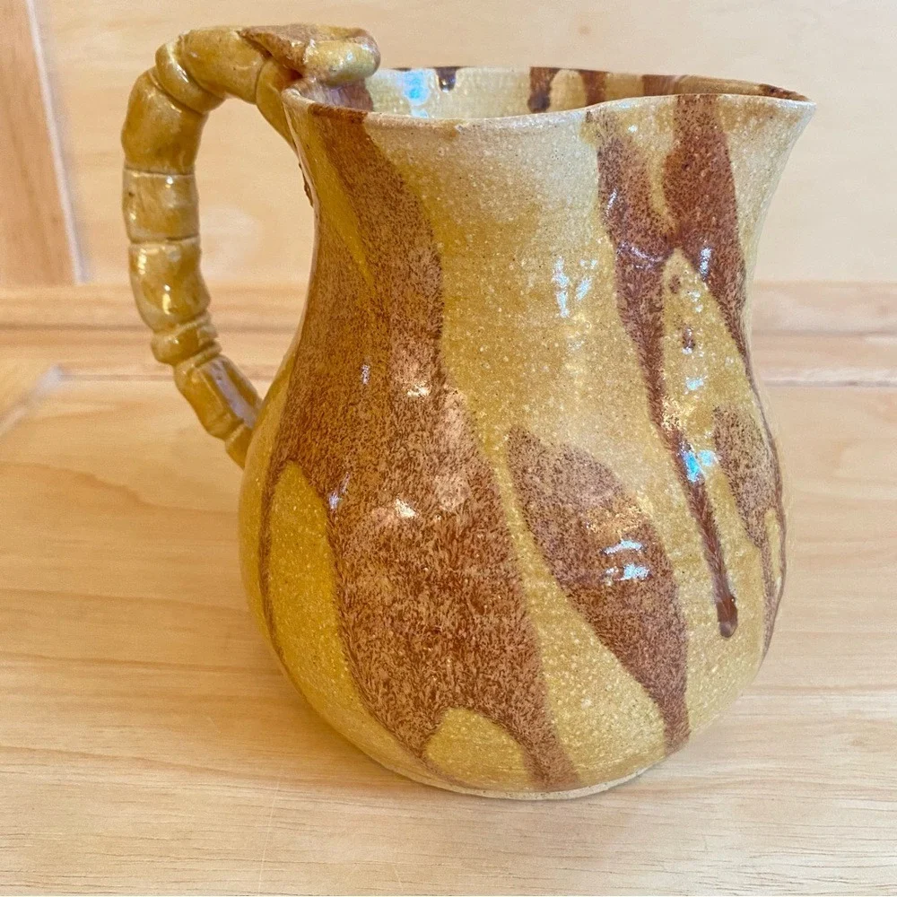 Handmade Studio PLUMPOTTERY G Yellow Brown‎ Glaze Stoneware Pottery Pitcher Jug